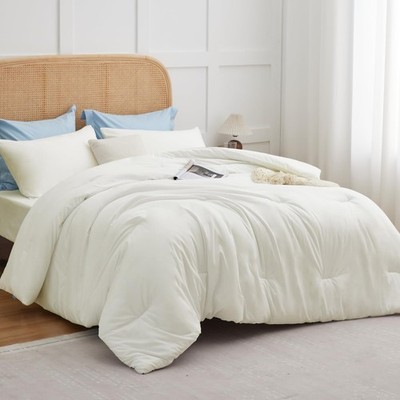CozyLux Comforter Full Size Set Ivory, 3 Pieces Solid Soft Bed Set for Girls,