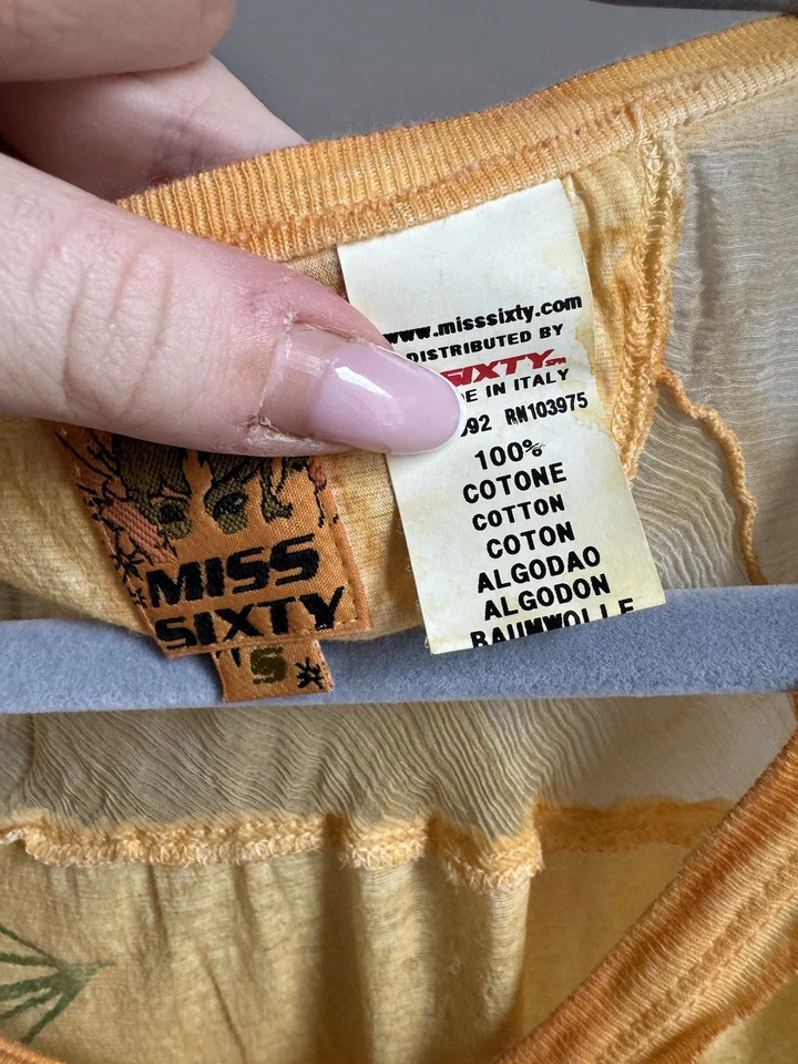 Miss Sixty Sheer Mesh Print Asymmetric Top S Y2K Fairycore Boho Graphic Tee - Image 4 of 4