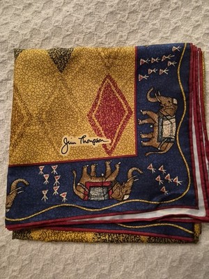 Jim Thompson Silk Scarf Womens Navy Gold Maroon Diamonds w/Elephant Border 33x33