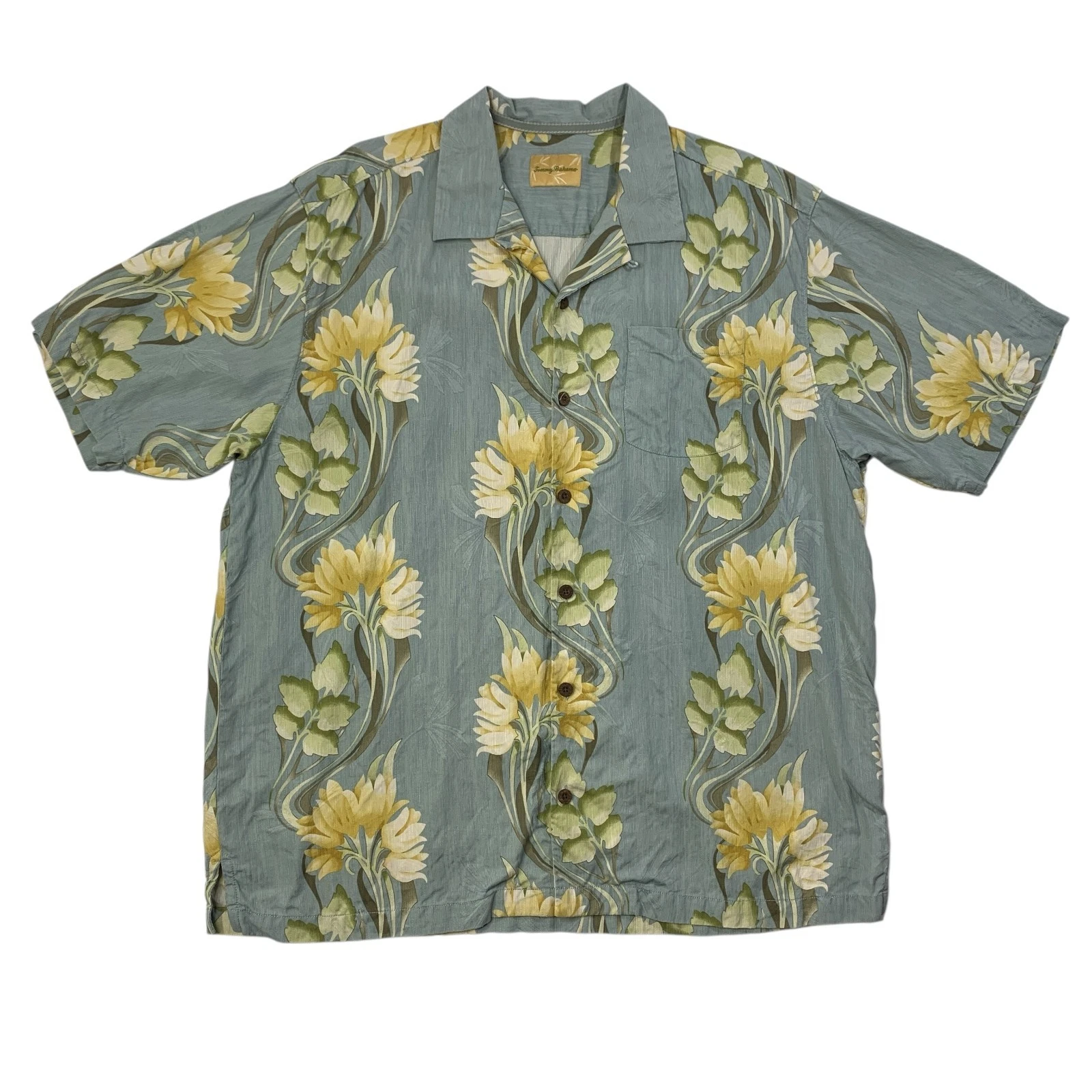 Tommy Bahama Shirt Mens XL Shale Yellow Silk Floral Short Sleeve Hawaiian Aloha