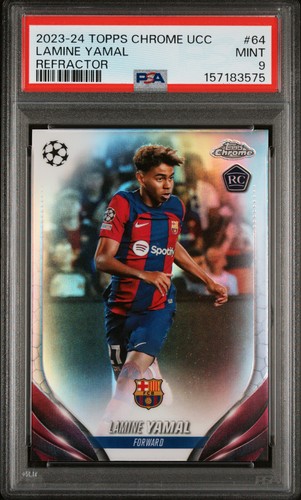 2023-24 TOPPS CHROME UEFA CLUB COMPETITIONS REFRACTOR #64 LAMINE YAMAL PSA 9