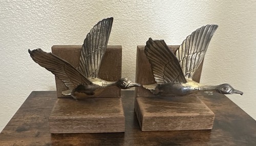 Vintage BRASS Geese On Wood Bookends
