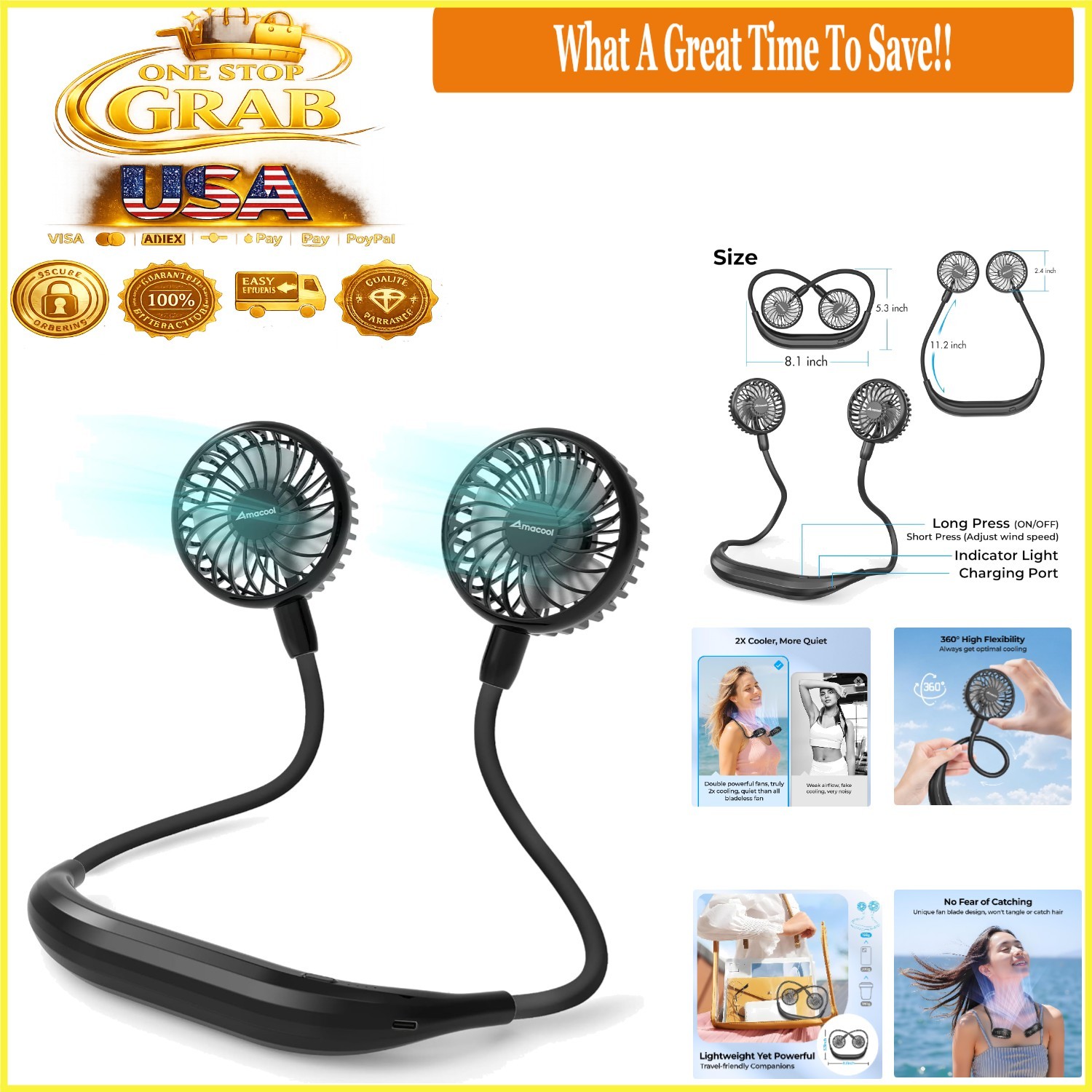 Portable Neck Fan 2600mAh Rechargeable Hands-Free Wearable P
