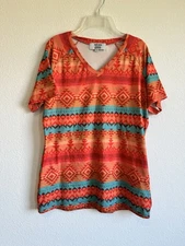 Rowdy Crowd Women's Orange Turquoise Southwestern Aztec Short Sleeve T Shirt Med