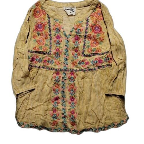 Boho Floral Embroidered Peasant Blouse Yellow Cotton Long Sleeve VNeck Tunic Top - Picture 5 of 11