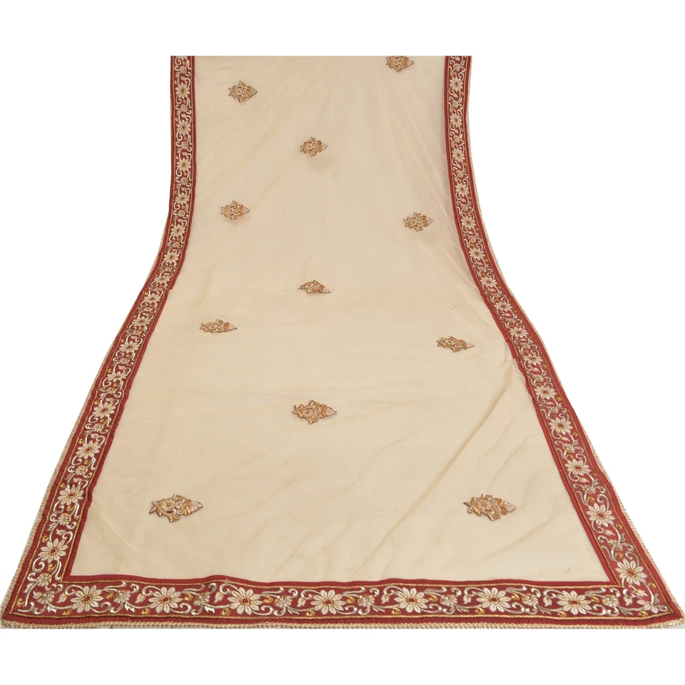 Sari de boda Lehenga único bordado malla red marfil vintage sánscrito Foto 4 de 4