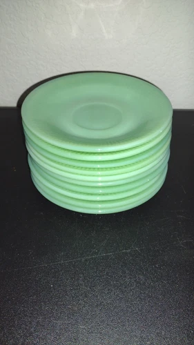 Ten Fire King 5 ⅞” Saucer Jane Ray Jadite Green Glass Ribbed