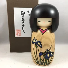 Usaburo Japanese Kokeshi Wooden Doll 5.5"H Ayame Girl Iris Kimono Made in Japan