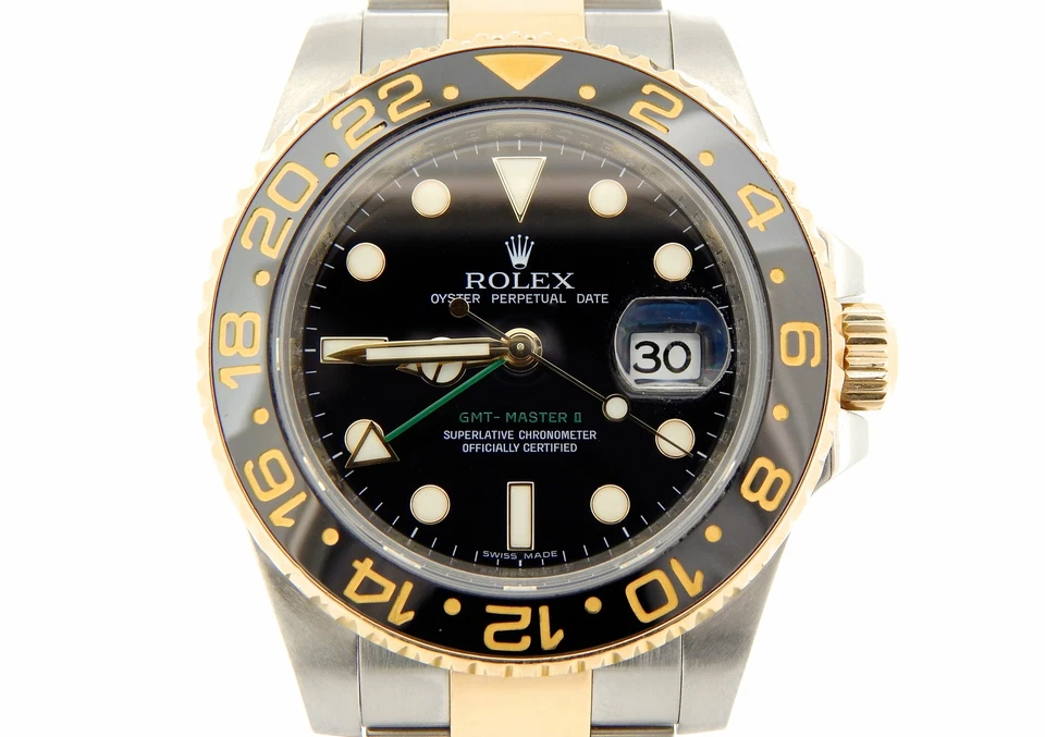 Rolex GMT-Master II acero inoxidable oro amarillo 18 quilates reloj cerámica negra 116713
