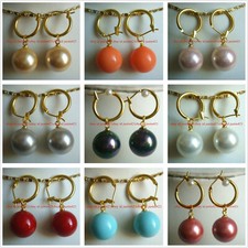 8/10/12/14/16mm Multi-color Shell Pearl Round Dangle Gold Leverback Earrings