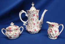 LEFTON PINK ROSE CHINTZ 3 PC TEASET; TEAPOT, SUGAR BOWL, CREAM PITCHER