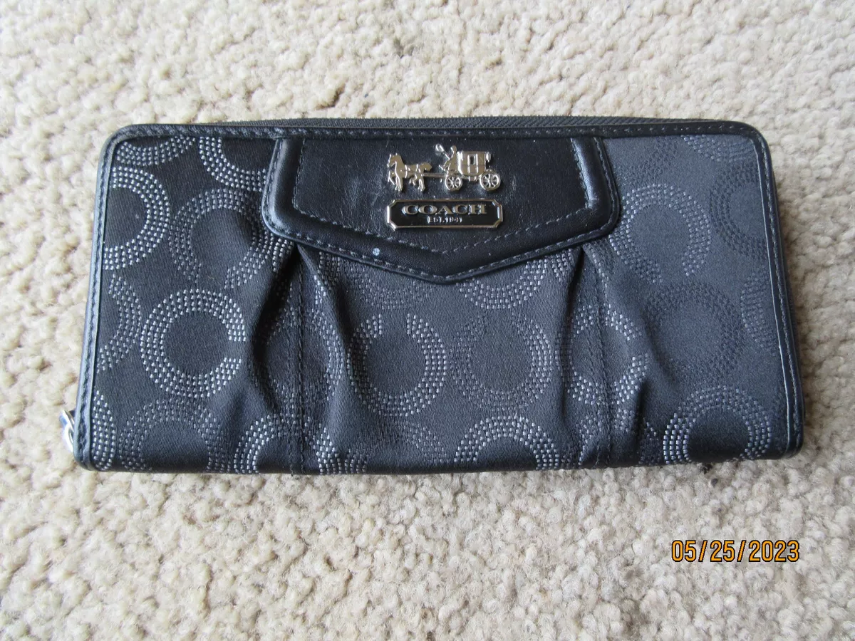 coach signature zip around wallet black fabric with gold hardware