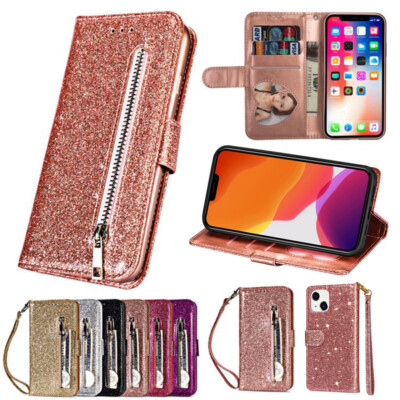 Custodia Portafoglio Glitter Glitter Leather Wallet Case Zip Flip