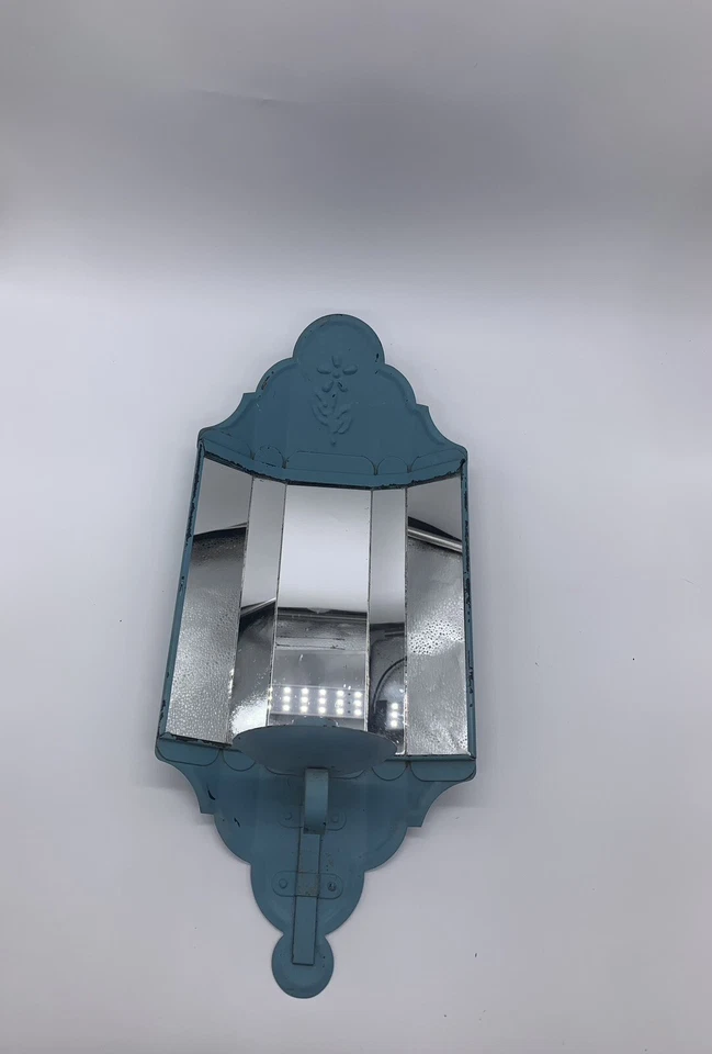 Vintage Light Blue Metal 3D Mirror Wall Panel Scone Candle Holder 17” X 8” - Image 2 of 4
