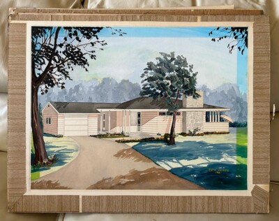 Original Mid Century Modern Architectural Rendering Drawing Watercolor House #1
