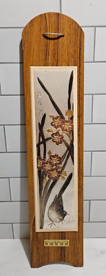 Vintage Chokin Art Etched Metal Picture Wood Panel Plaque Bird Flowers