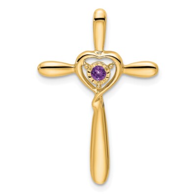 14K Yellow Gold 0.05 Ct Amethyst Religious Cross with Heart Chain Slide Pendant