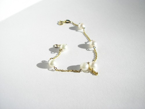 Bracciale Oro Giallo 14K Sei Perle Filo Catena 7" pollici 2 grammi Designer GS - Foto 5 di 17