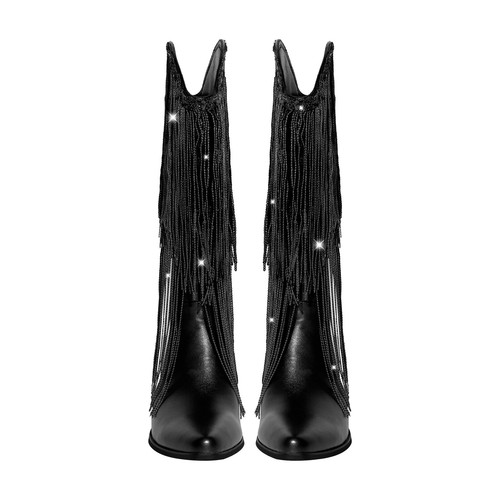 Women Fashion Cowboy Fringe Tassel Western Boot Mid Calf Stack Chunky Heel Shoes - Picture 3 of 10