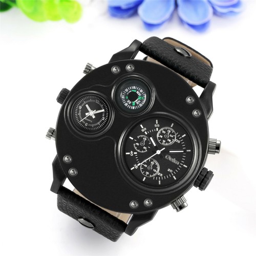 Herren Sport Zwei Zeitzonen Uhr Rund Großes Zifferblatt Lederband Quarz Armbanduhr - Bild 7 von 20