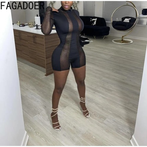 FAGADOER Black Sexy Mesh Splicing Perspective Bodycon Rompers Women Round - Picture 5 of 23