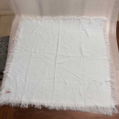 VINTAGE YELLOWBIRD BABY BLANKET EMBROIDERED Blue Cotton  36"L x 36" Fringe Japan - Picture 2 of 9