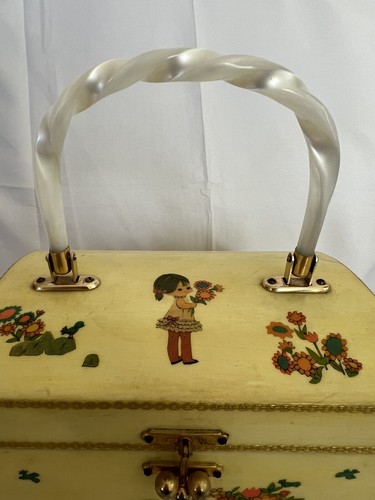 Vintage Sammlerstück kleines Mädchen Blumen Decoupage Holzkiste Handtasche Kunstperlen - Bild 4 von 13