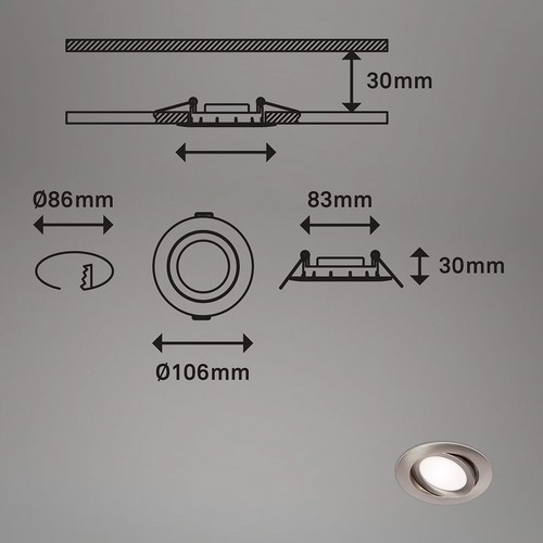 3 x LED Einbauleuchten Nickel matt Ø10,6cm IP23 7W Neutralweiß 4000K schwenkbar - Bild 5 von 5