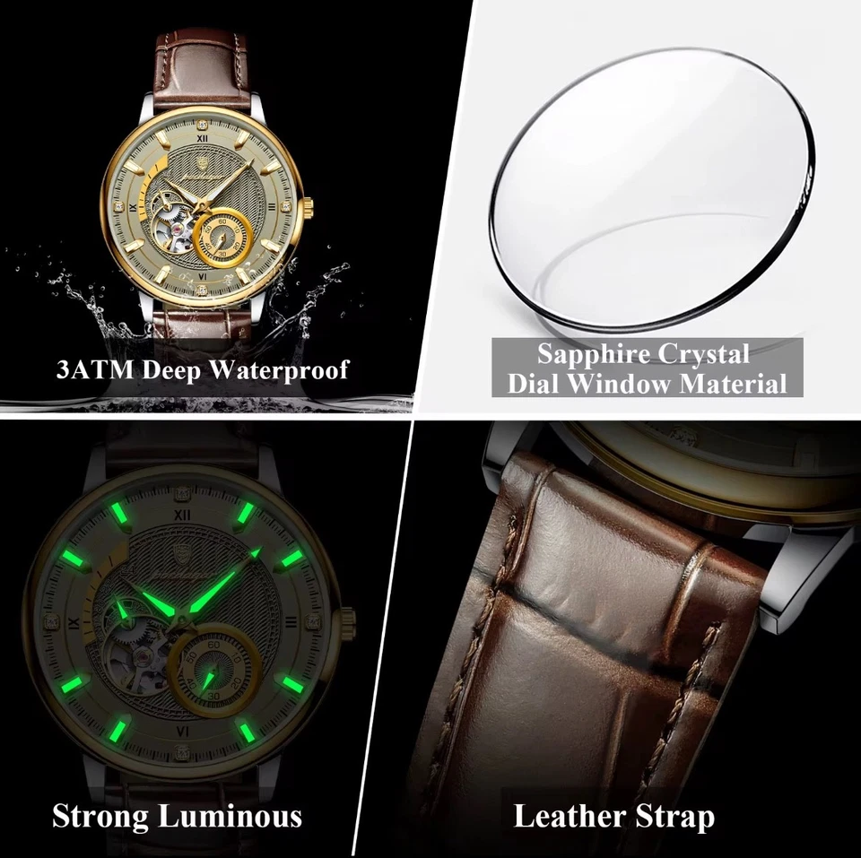 POEDAGAR Automatikuhr mit Sekundenzeiger und Lederarmband - Bild 4 von 4