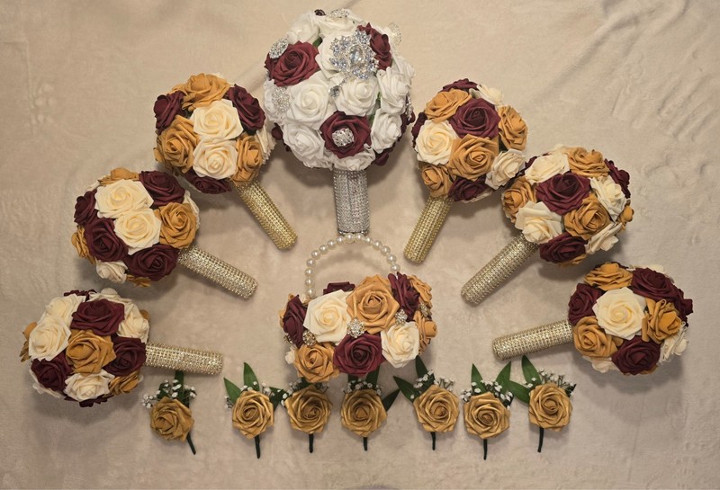 Bridal Party Set: Bride/Bridesmaid Bouquets, Boutonniers, and flower girl basket