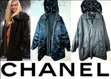 Chanel Vintage 1992 Black Reversible Logo Coat 46 48 14 16 Jacket Hood L XL