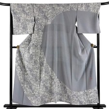 Japanese Silk Houmongi Kimono L 154cm Bluish gray Bush clover Vertical stripe 50