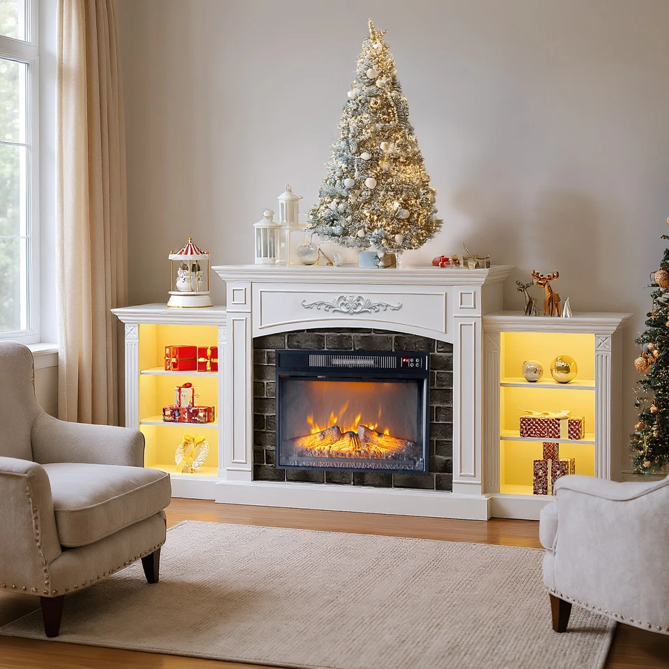 Shined White 80" Fireplace TV Stand Entertainment Center w/ Led Lights / Shelves