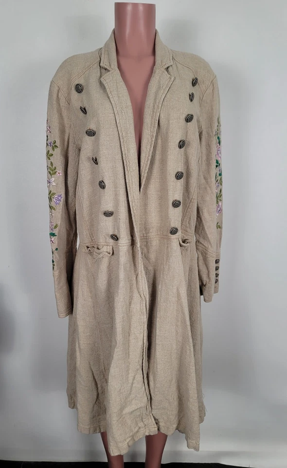 Aratta Silent Journey Jacket Military Large Heavy Linen Floral Embroidery Duster - Image 4 of 4