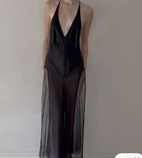 2003 Victoria  s Secret Long Black Illusion 100 Silk Lingerie Nightgown SZ M