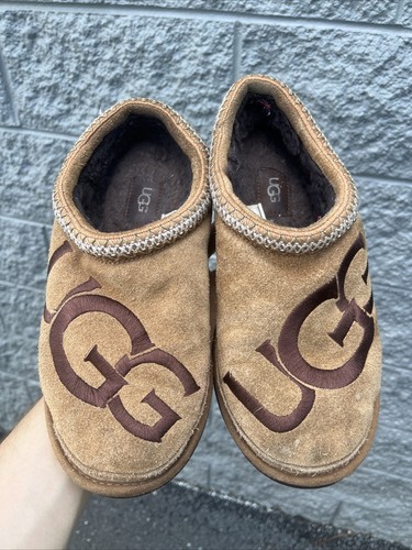 UGG Tasman Logo Embroidery Suede & Sheepskin Slippers Tan Brown - Mens Size 9 - Picture 2 of 19