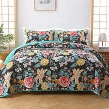Black Floral Quilt Set Queen Size, 3 Pieces Boho Queen,