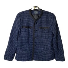 Vintage LizWear Houndstooth Blazer Blue Metallic Collarless WoolBlend Pockets 10