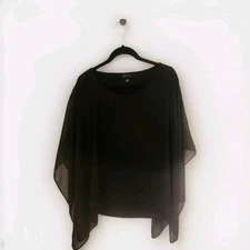 AB Studio Women's Size M Top Blouse Shirt Black 3/4 Sleeve Poncho Style