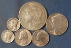 LOT 6 US SILVER COINS 1921 S MORGAN SILVER DOLLAR 1964 HALF $ 2 QUARTERS ++