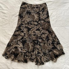 Silk Black  brown leaf floral print midi skirt with ruffles Size 6 petite