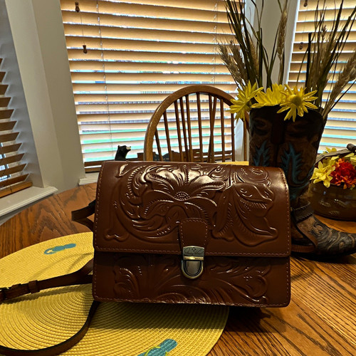 Patricia Nash Brown Western Floral Tooled Crossbody Bag Buckle, Detachable Strap