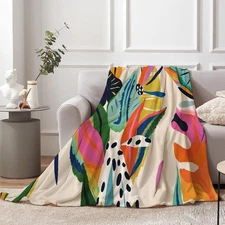 Abstract Colorful Throw Blanket, Jungle Floral Plant Bohemian Modern Asthetic...