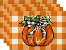 Buffalo Orange Plaid Pumpkin Fall Placemats Set of 4, 12X18 Inch Seasonal Autumn