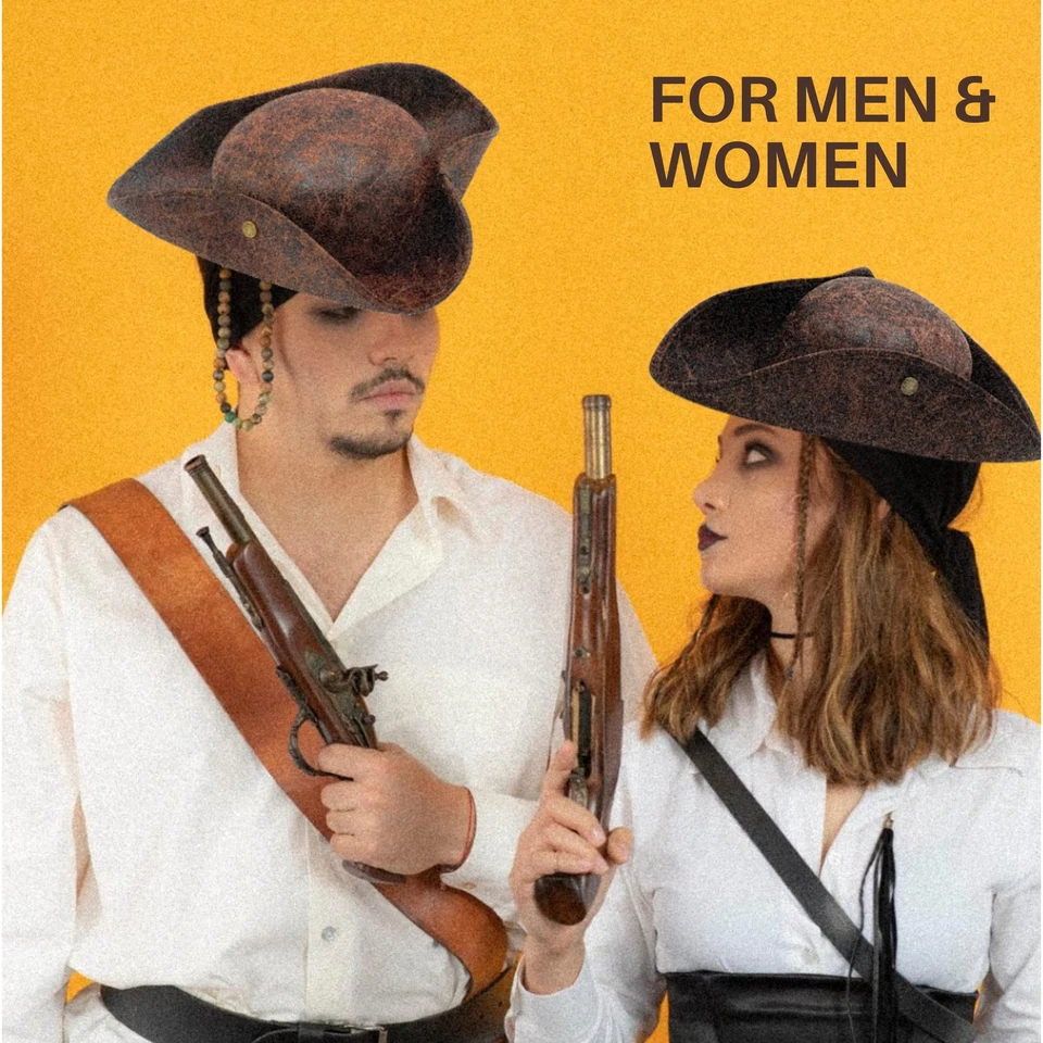 Sombrero pirata de cuero sintético marrón para hombres adultos mujeres sombrero tricornio para Halloween P... Foto 2 de 4