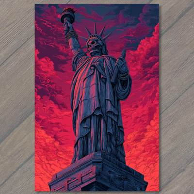 STICKER Liberty Skeleton Skull Torch Chains Red Sky Statue Monument Horror