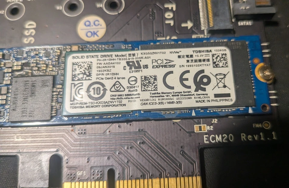 Excellent Condition TOSHIBA 1TB M.2 SSD PCIe 2280 D/PN 0R1DHH KXG50ZNV1T02 3.3V. - Image 2 of 3