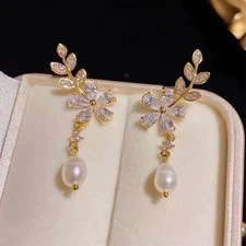 ZAKOL Korean Fashion Flower Earrings Shiny Leaf Zircon Imitation Pearl Drop Earr