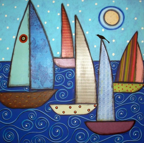 Rug Hook Paper Pattern 5 SAILBOATS & A BIRD Folk Art Abstract Primitive KARLA G - Picture 2 of 7