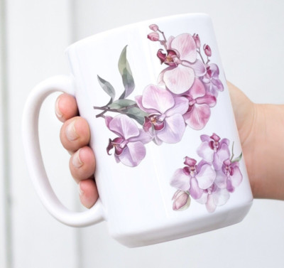 Beautiful Orchids Coffee Tea Mug Cup 15 Oz Ceramic Floral Design by Mugzan